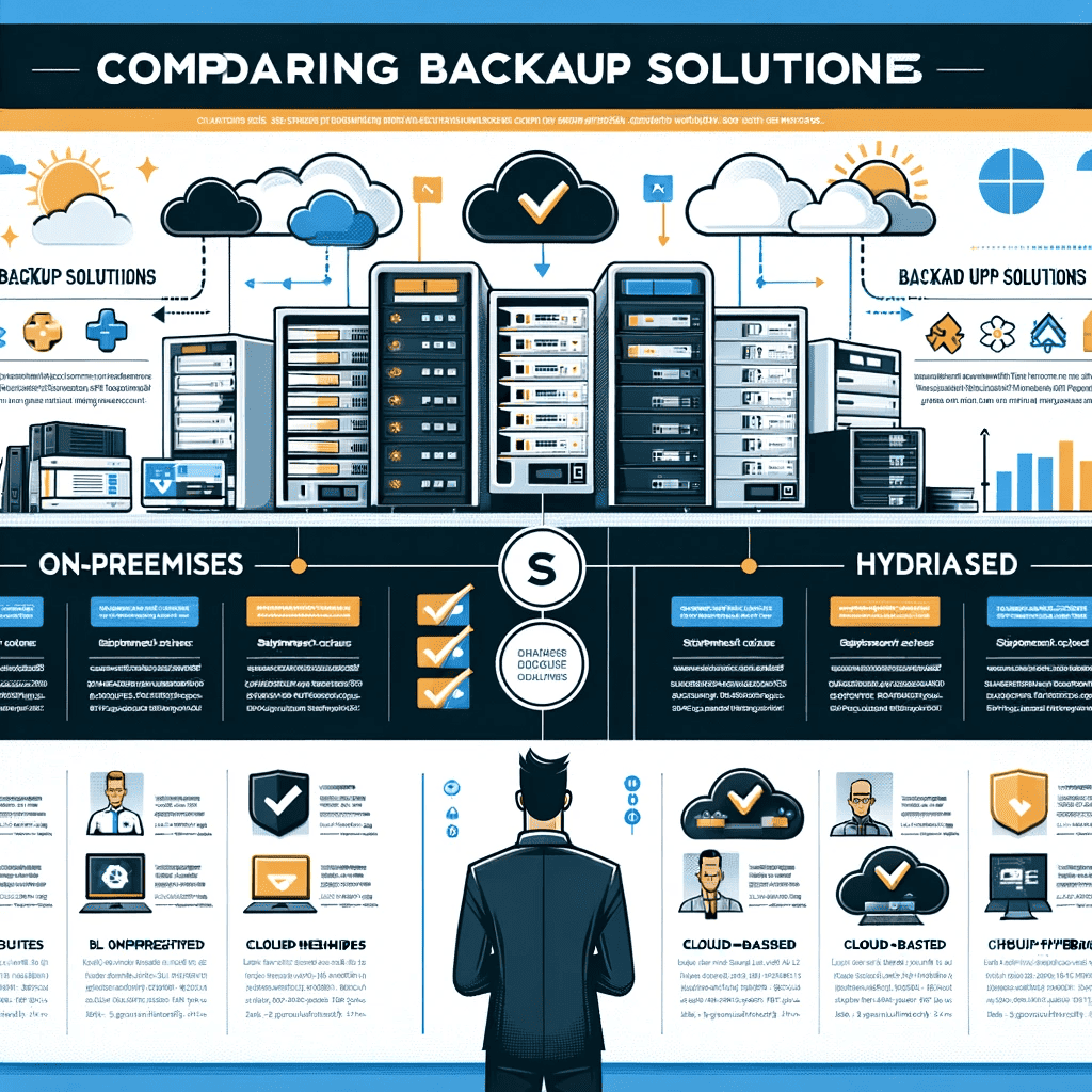 An infographic that compares on-premises, cloud-based, and hybrid backup solutions, highlighting their advantages and disadvantages