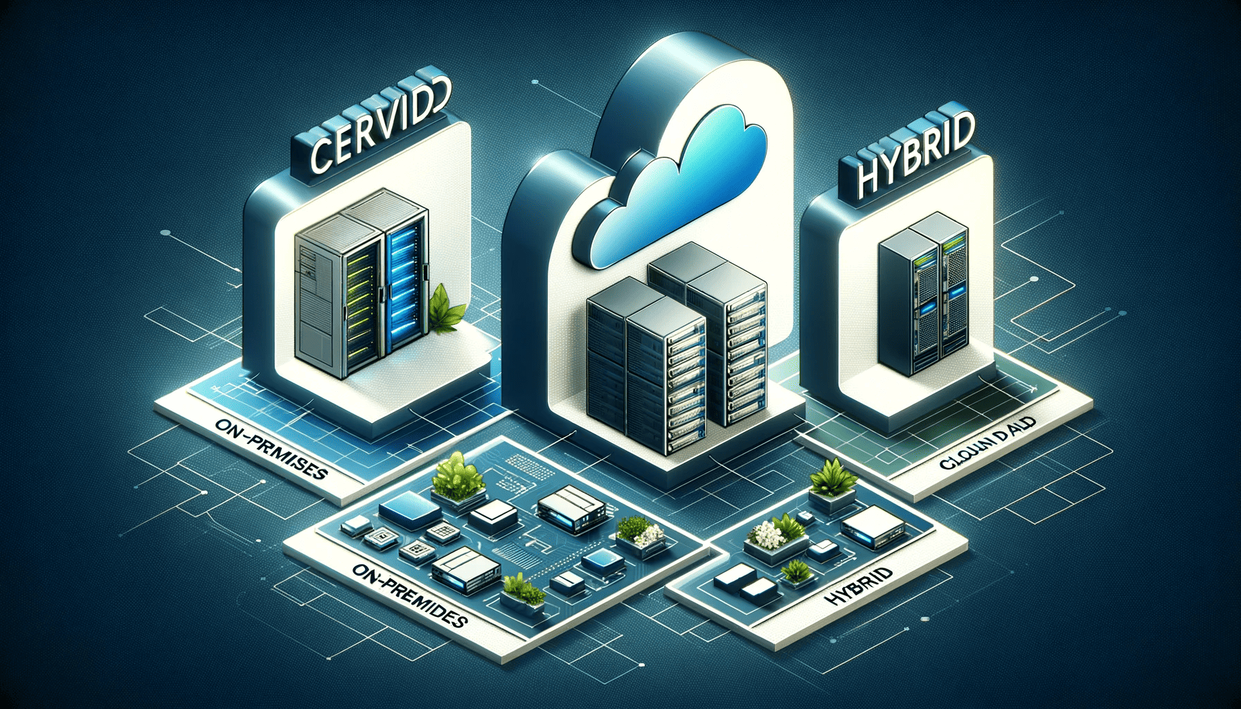 Illustration of diverse server solutions: On-premises, cloud-based, and hybrid systems, depicting their unique characteristics and integration.