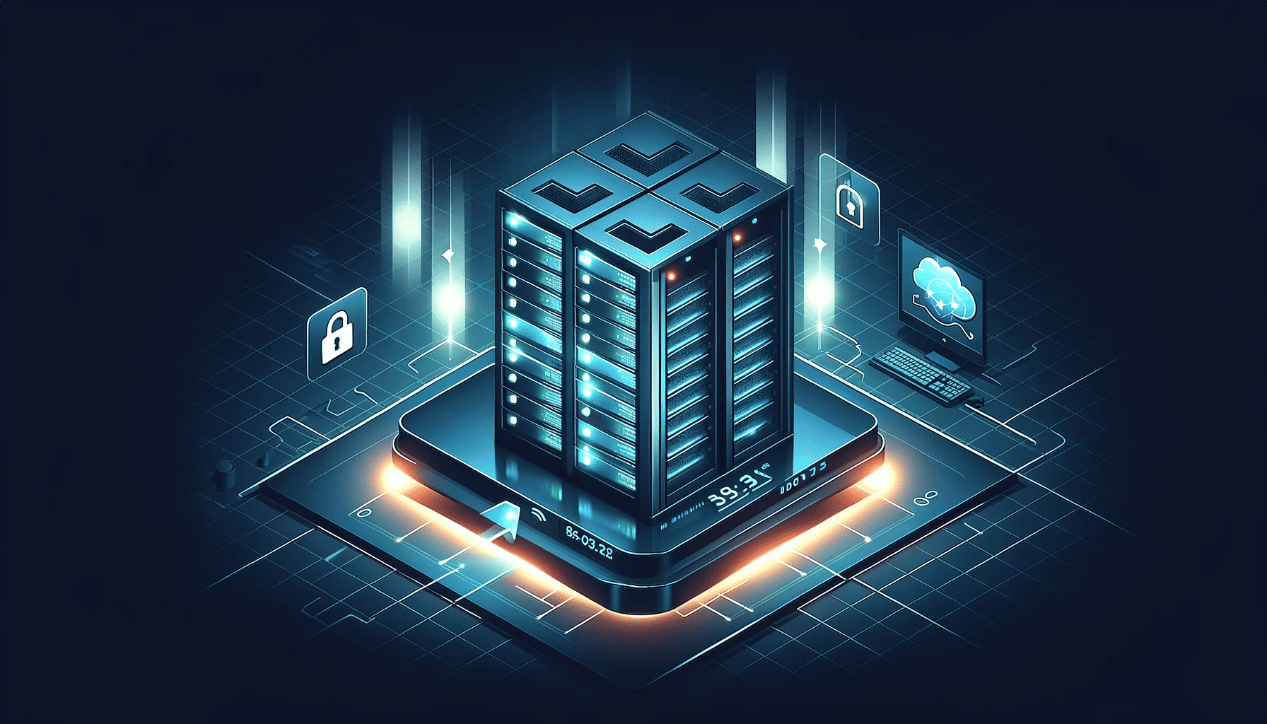 An isometric graphic of a robust dedicated server setup, symbolizing the power and efficiency of dedicated hosting solutions.