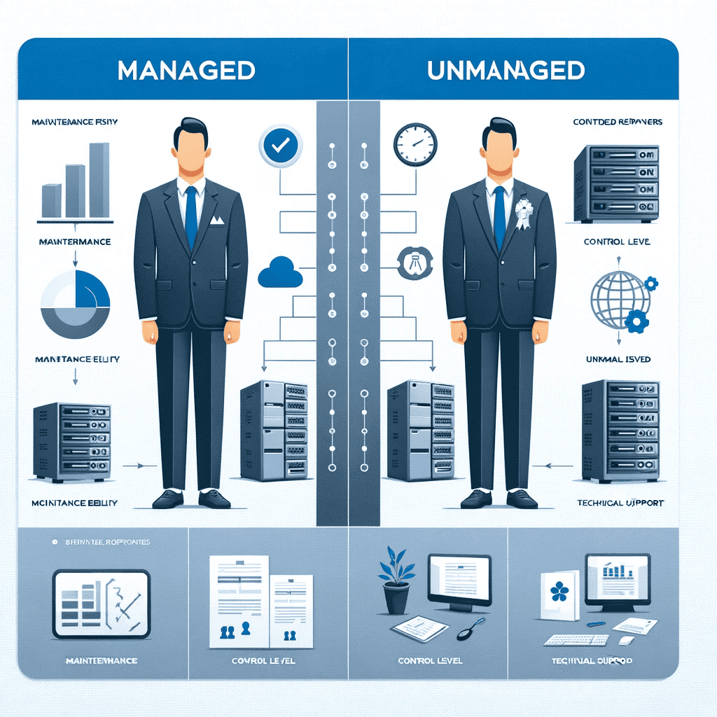 Visual comparison of managed and unmanaged dedicated servers, highlighting the differences in maintenance and control for businesses.