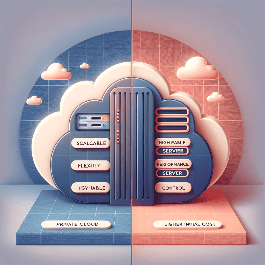 A split image showing a stylized cloud representing private cloud hosting on one side and a physical server representing dedicated server hosting on the other. Each side should list key attributes: scalability, cost, security, and control.