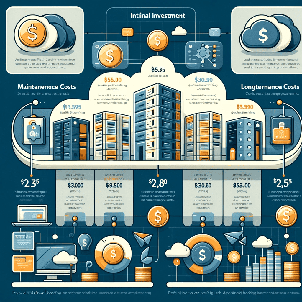 An infographic comparing costs associated with private cloud and dedicated server hosting. Include aspects like initial investment, maintenance, and long-term scalability.
